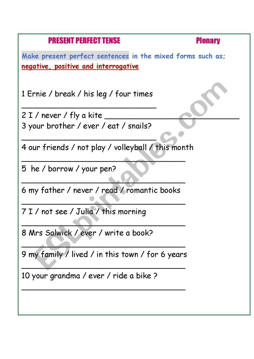 present perfect worksheet