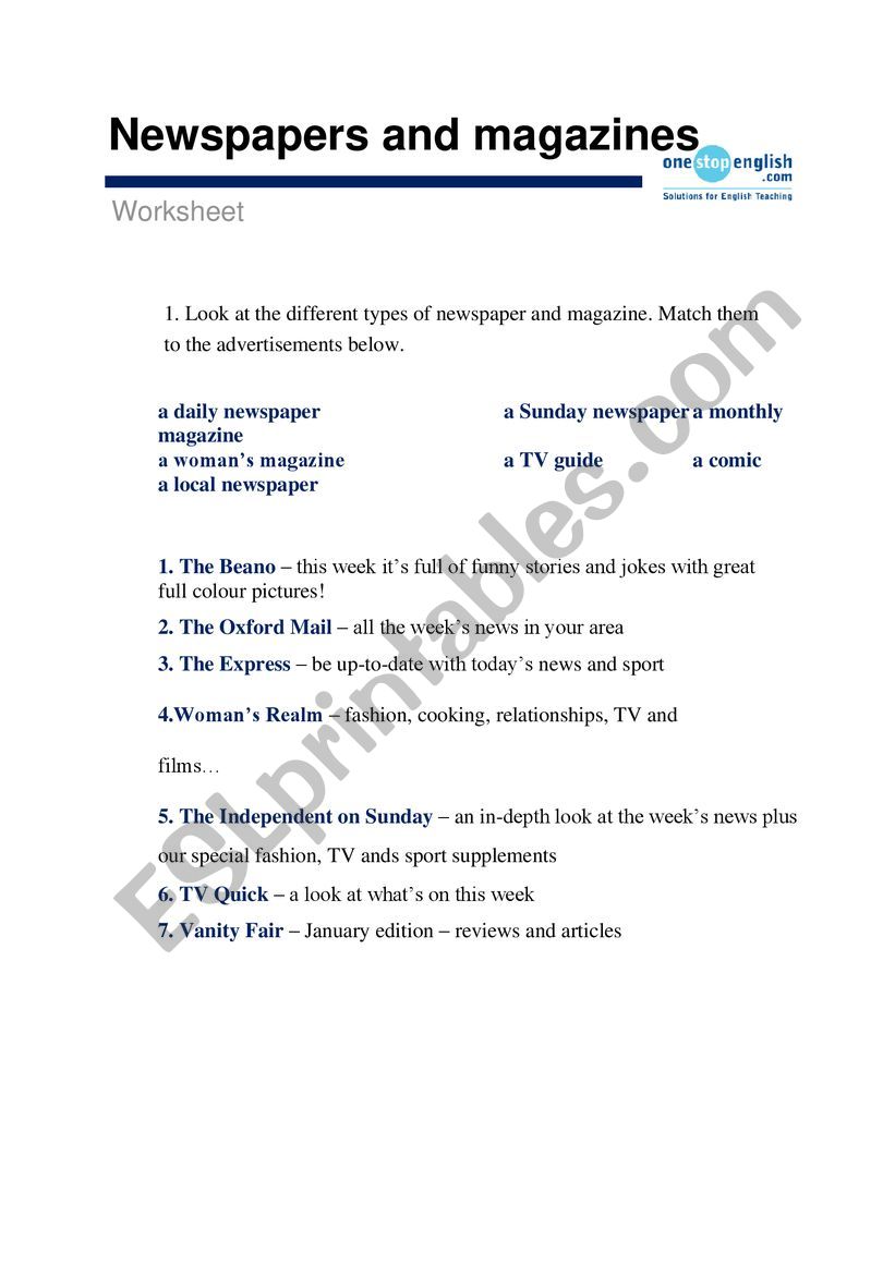 Newspapers and magazines worksheet