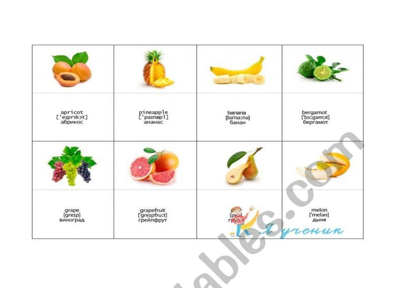 Fruits card worksheet