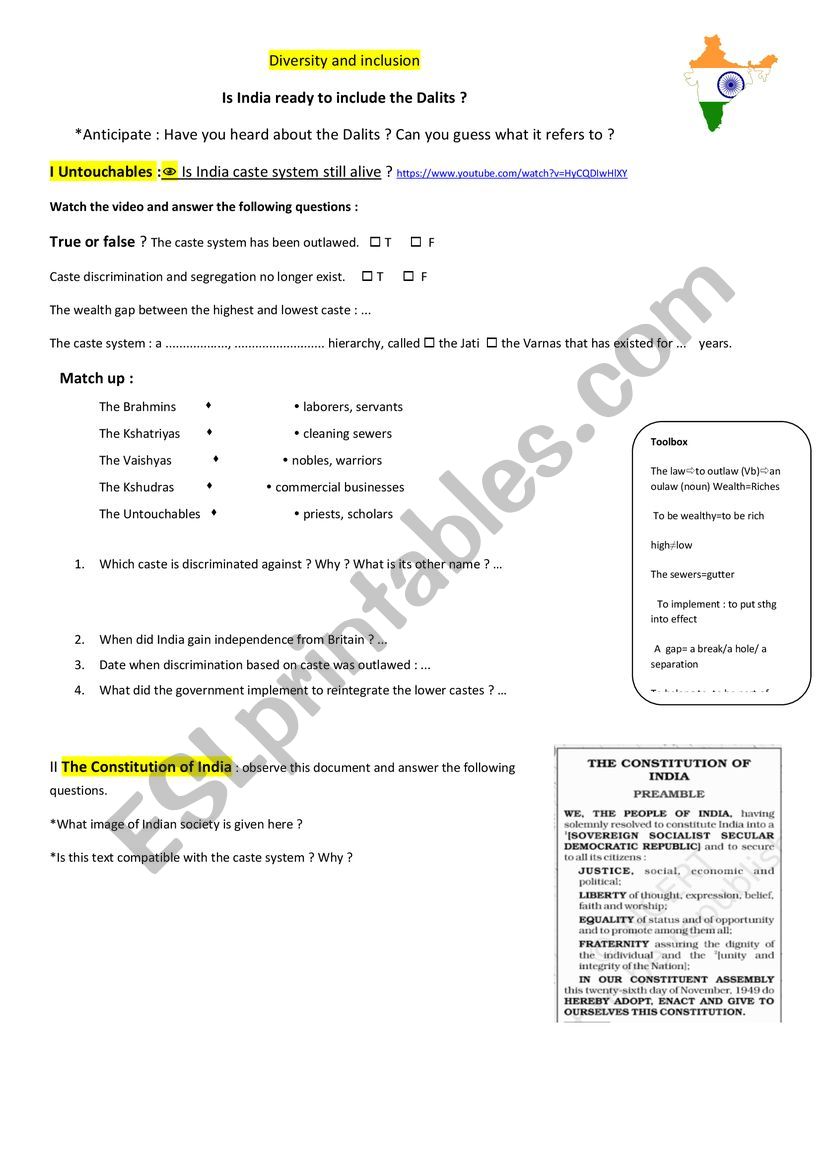 India and the caste system worksheet