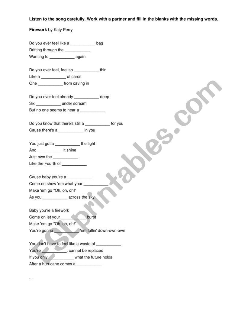 Firework by Katie Perry worksheet