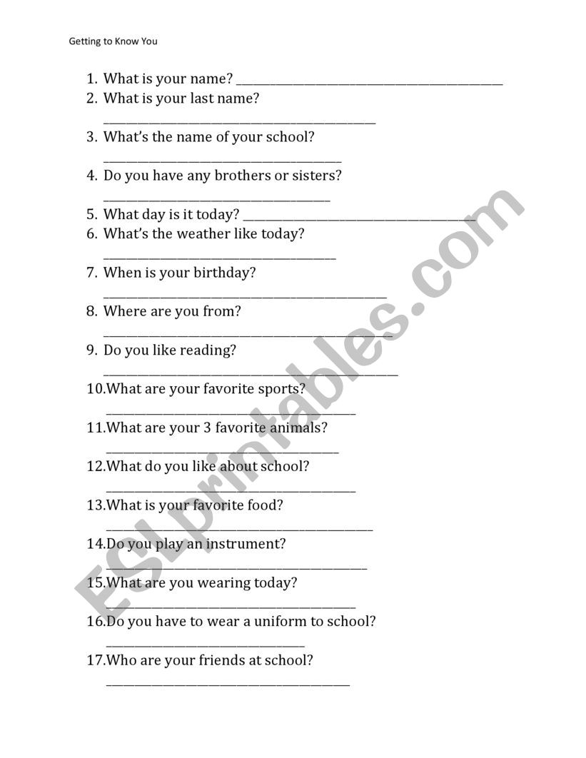 Getting to know you worksheet