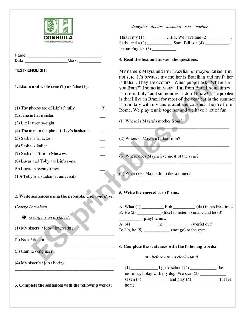 English I Test worksheet
