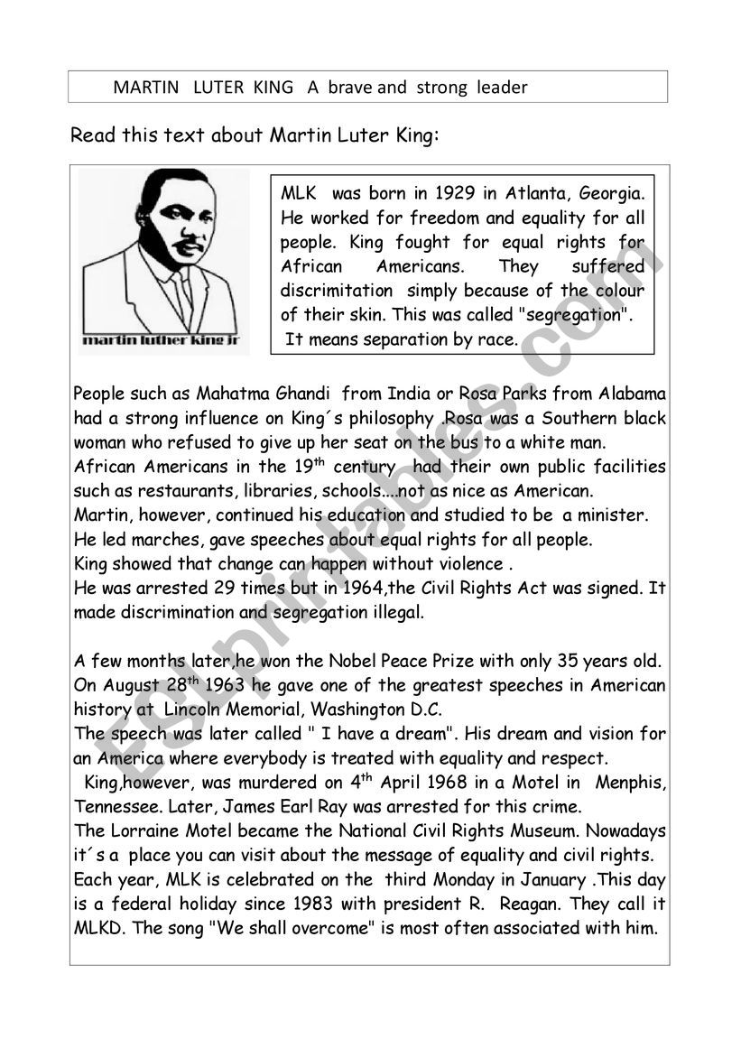 MARTIN LUTER KING worksheet