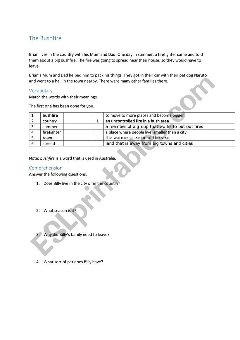 The Bushfire worksheet