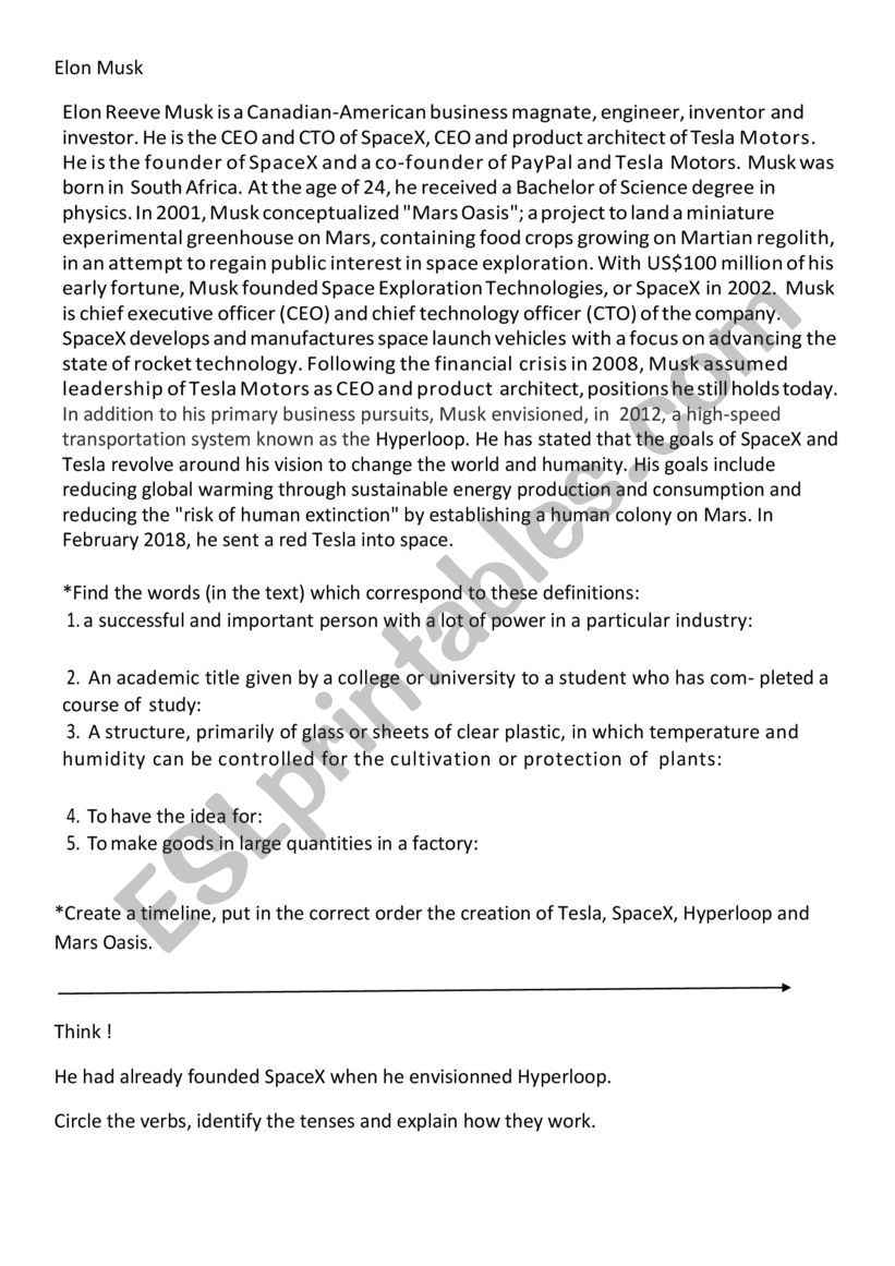 Elon MuskÃ¯Â¿Â½s biography worksheet
