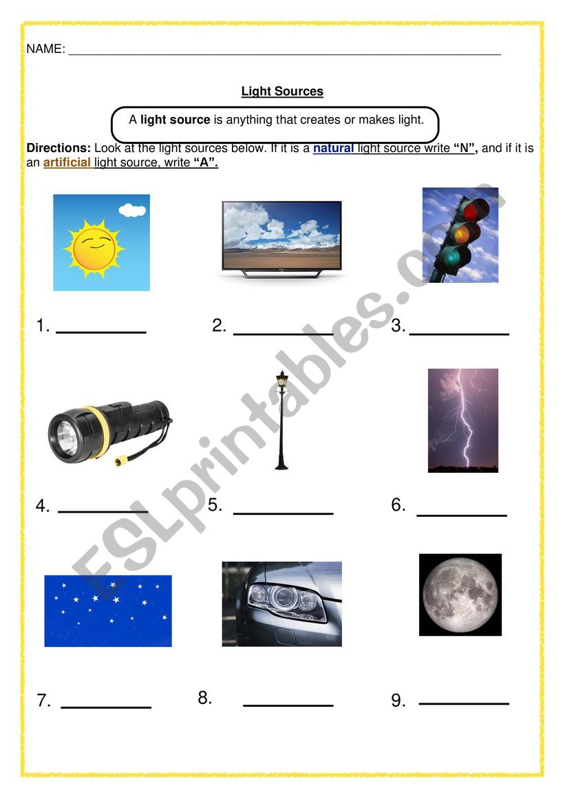 Light Sources worksheet