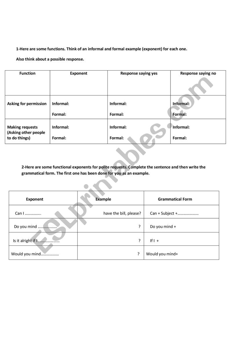 Grammar /Functions worksheet