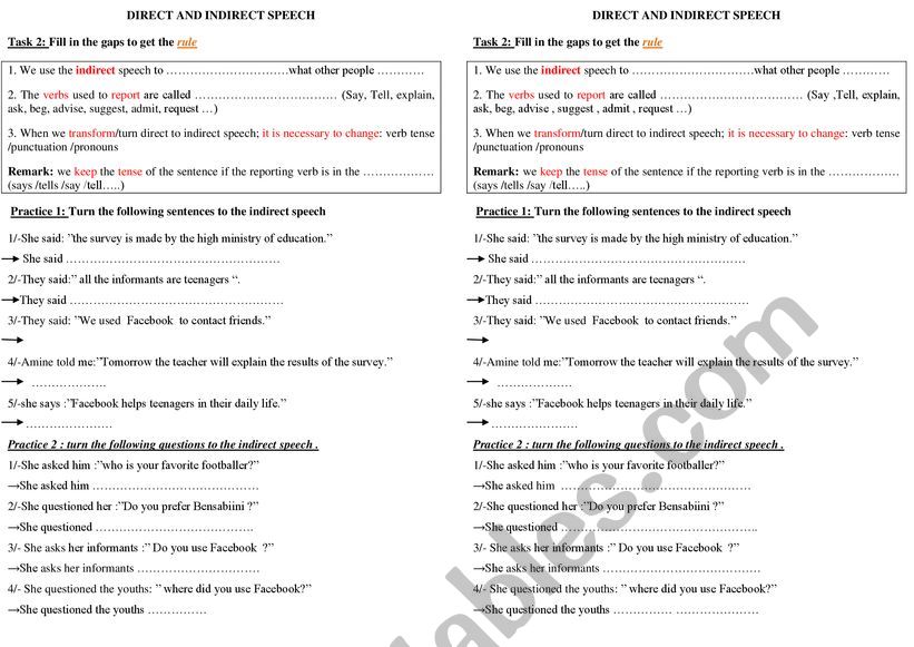 worksheets to practice the reported speech