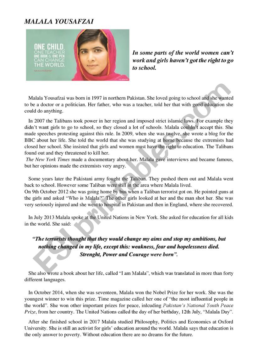 Malala Yousafzai worksheet
