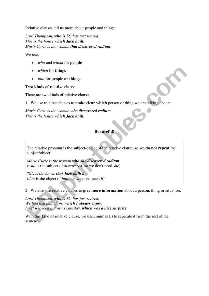 Relative Clauses worksheet
