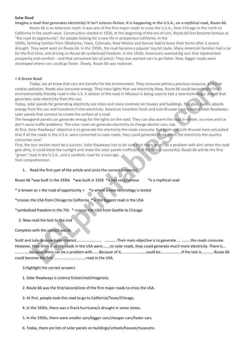 Solar Road worksheet