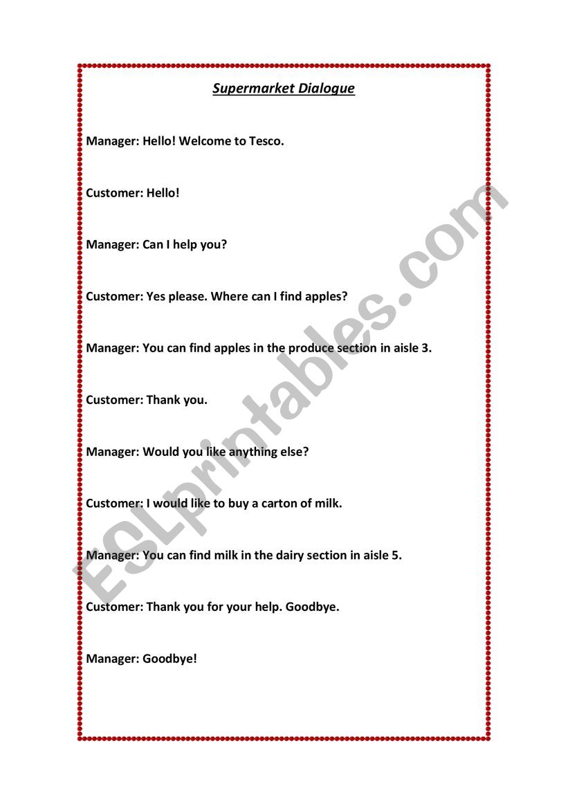 Supermarket Dialogue worksheet