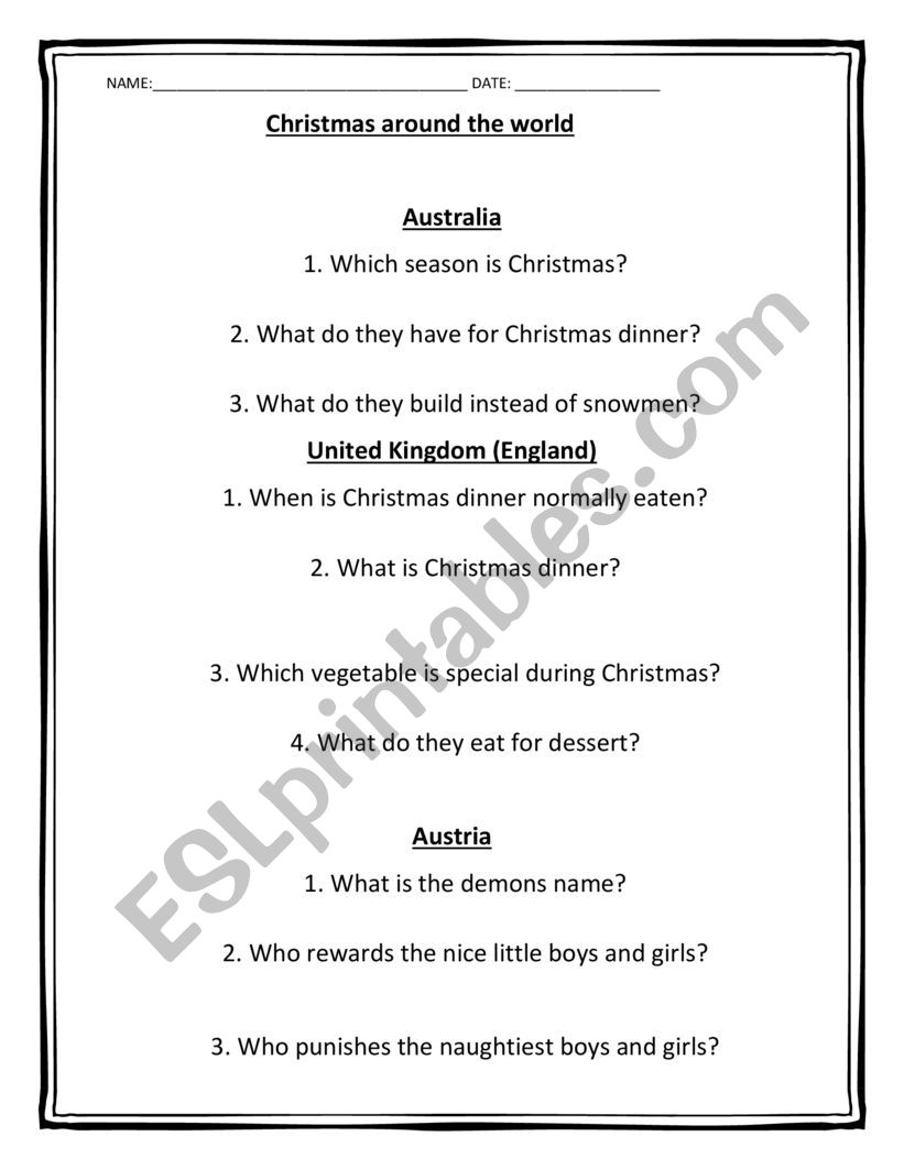 Christmas around the world worksheet
