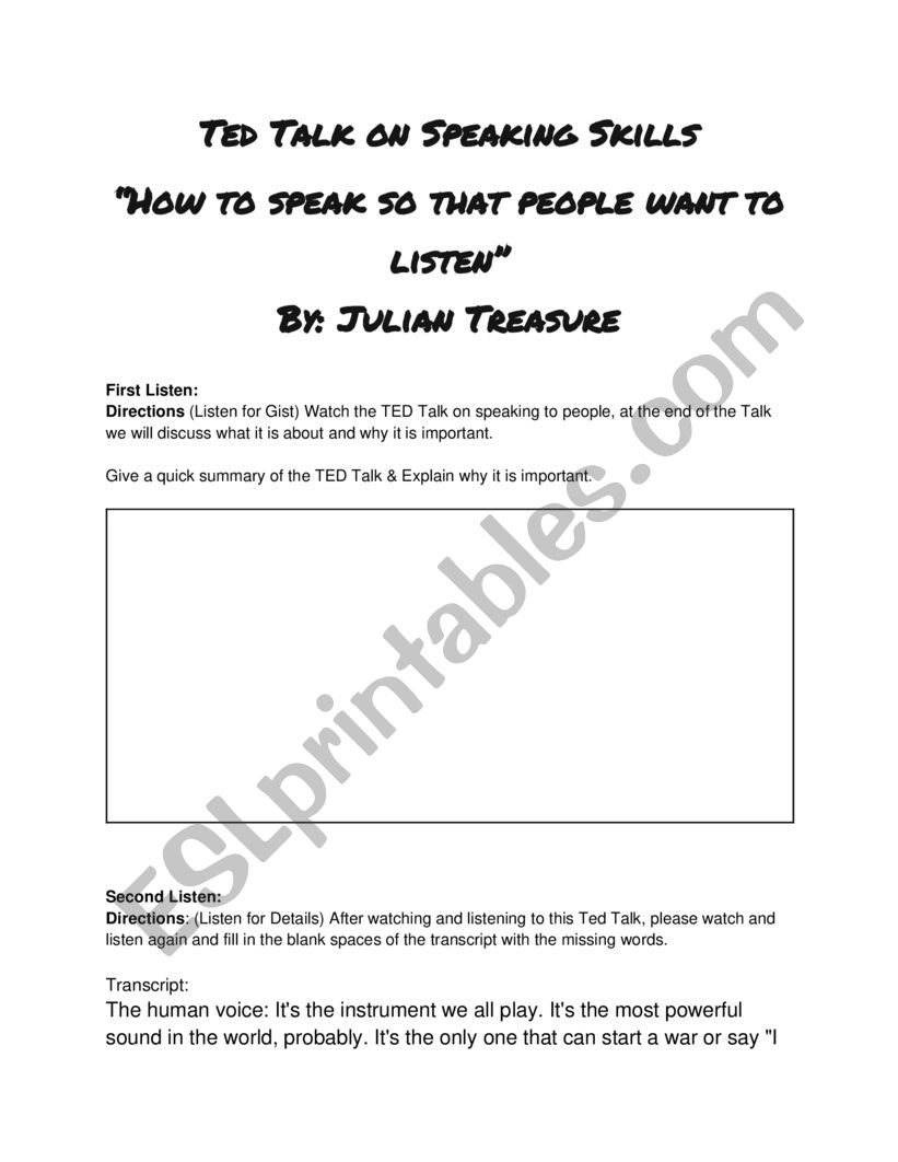 Ted Talk on Speaking Skills worksheet