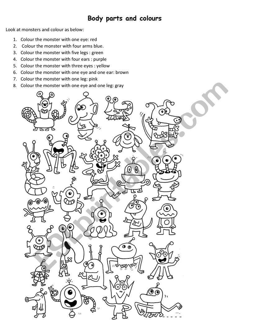 Body parts and colours worksheet