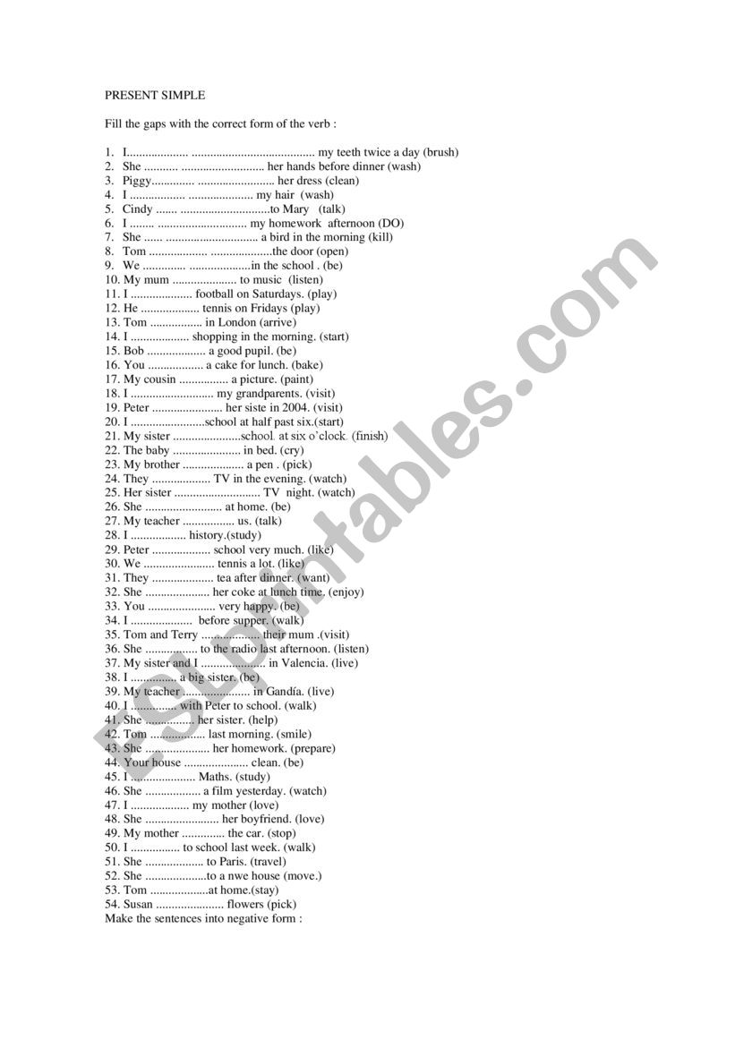 PRESENT SIMPLE FILL THE GAPS worksheet