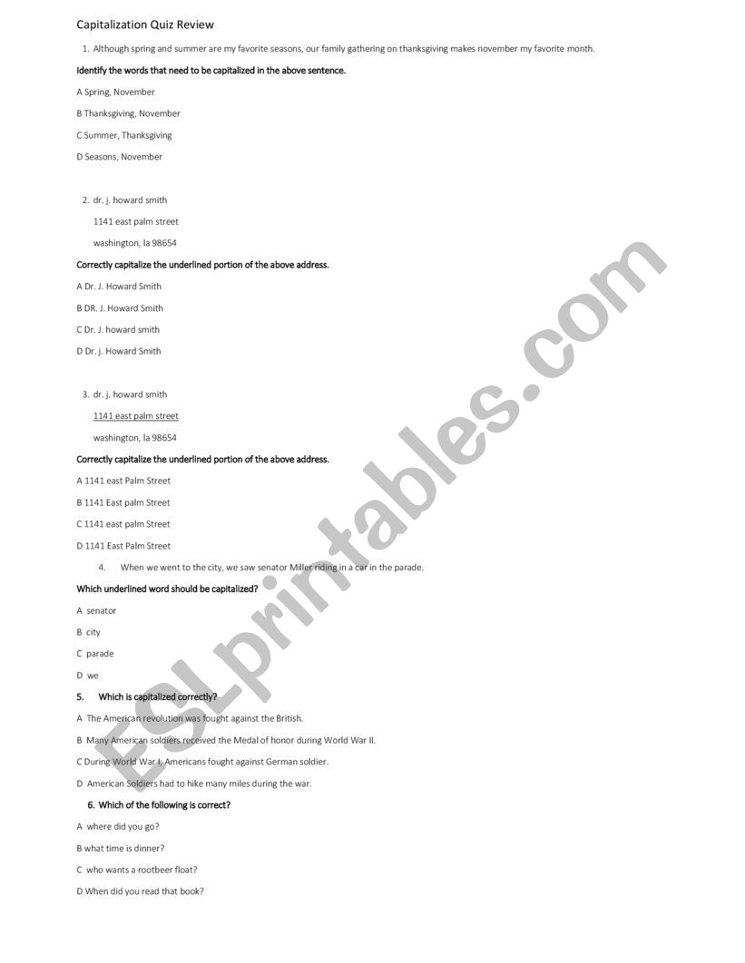 Capitalization quiz worksheet