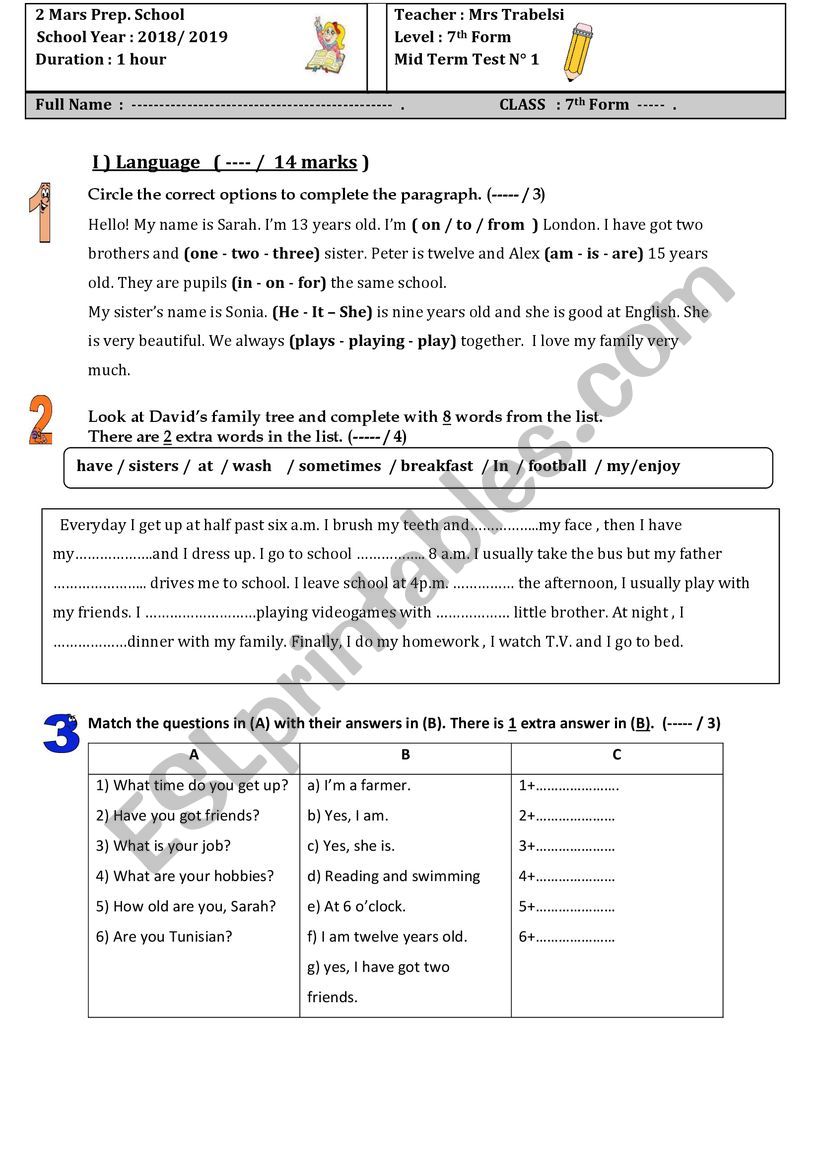 mid term test worksheet