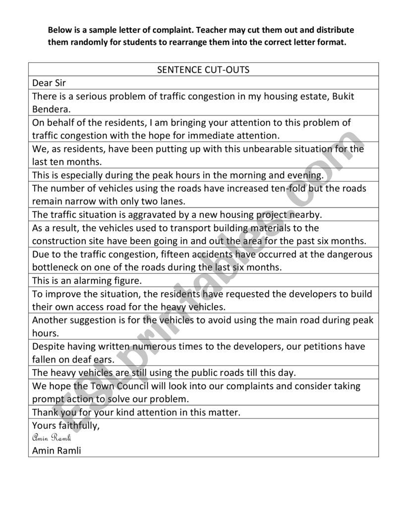 LETTER OF COMPLAINT ARRANGEMENT ACTIVITY