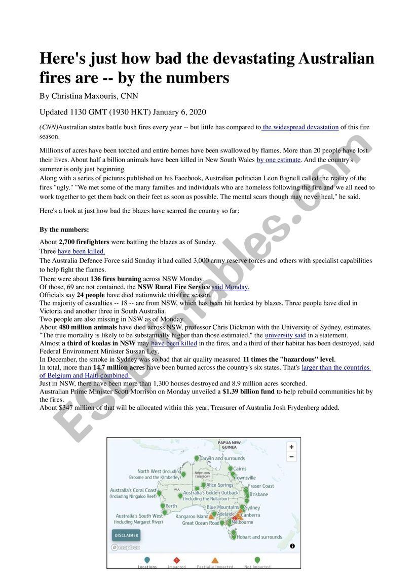 Australia Fires Numbers worksheet