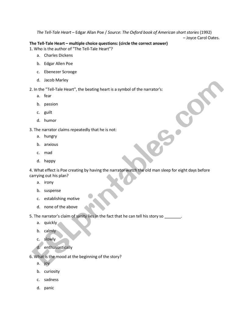 tell tale heart questions  worksheet