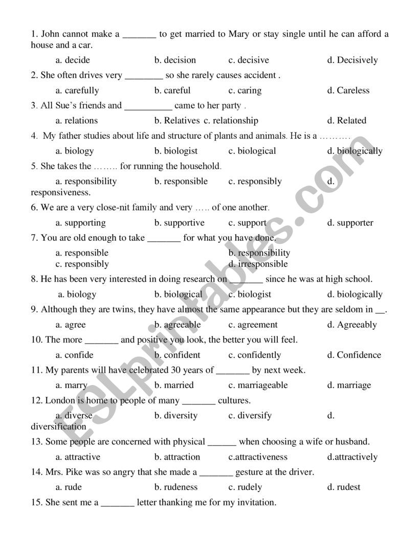 Word forms worksheet