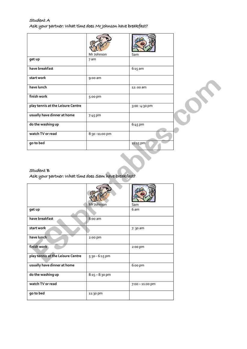 daily routine (pairwork) worksheet