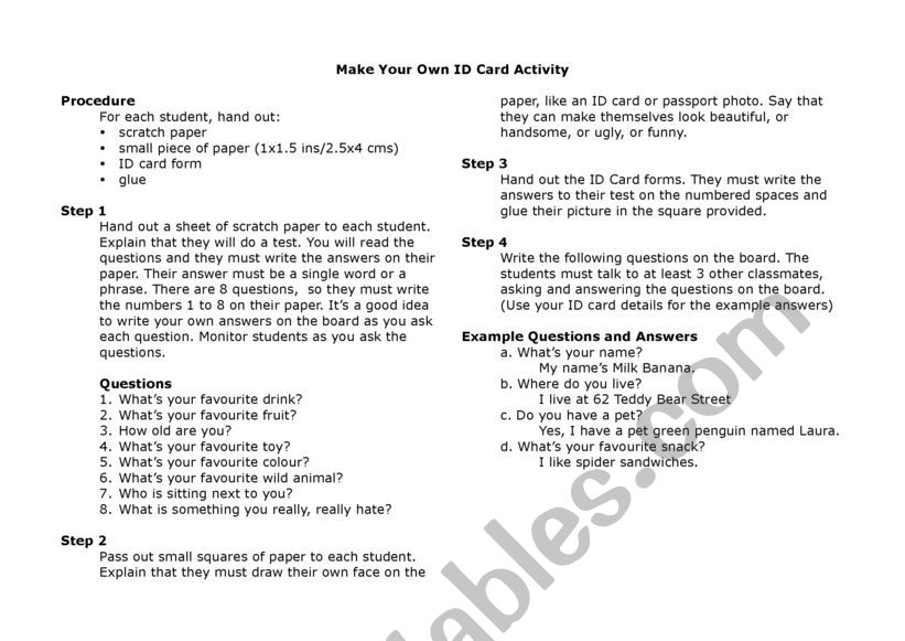 Make Your Own ID Card worksheet