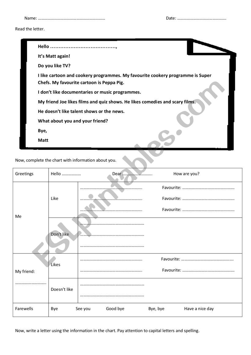 Writing TV letter Planning sheet