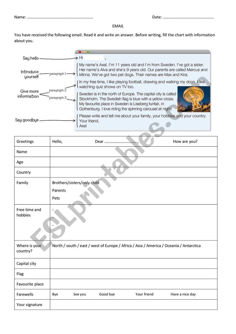 Writing My country Email Planning sheet