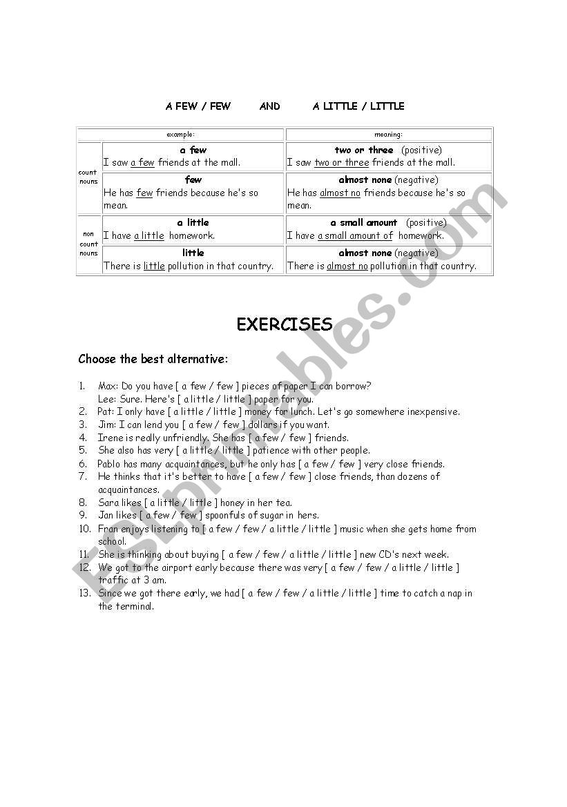 A few few - a little / little worksheet A few few - a little / little worksheet