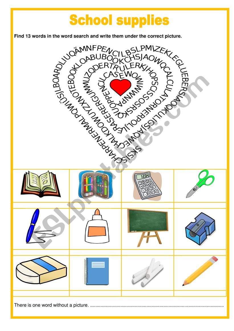 Wordsearch - Scool supplies worksheet