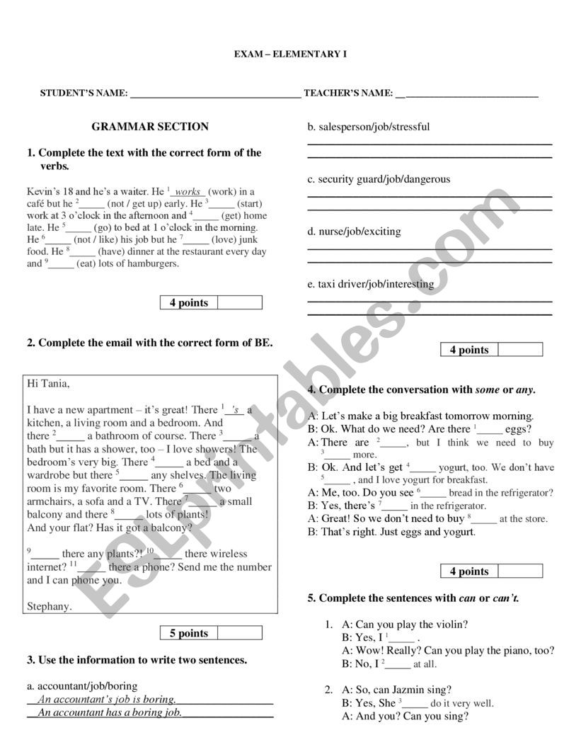 EXAM ELEMENTARY I worksheet