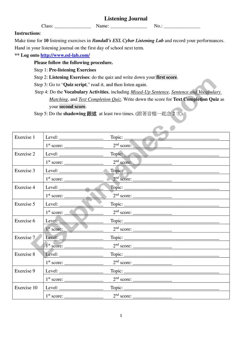 Listening Journal, writing worksheet