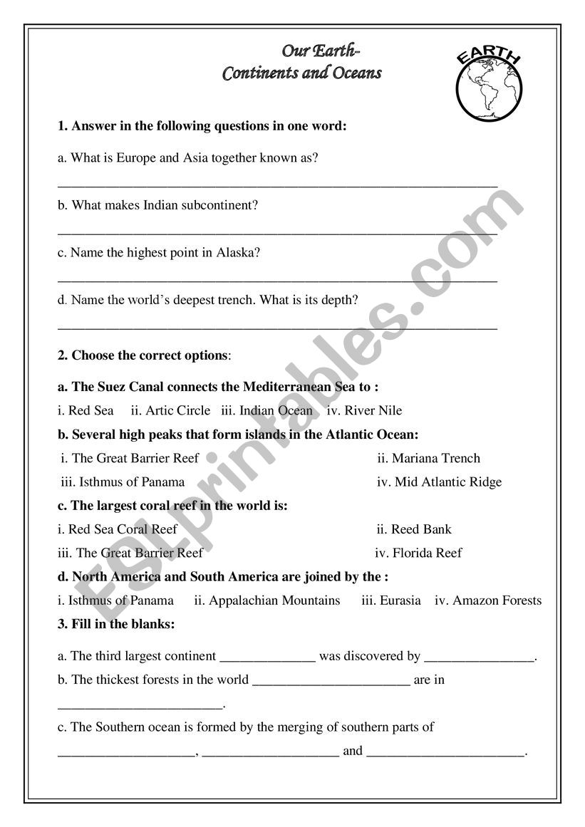 Our Earth worksheet