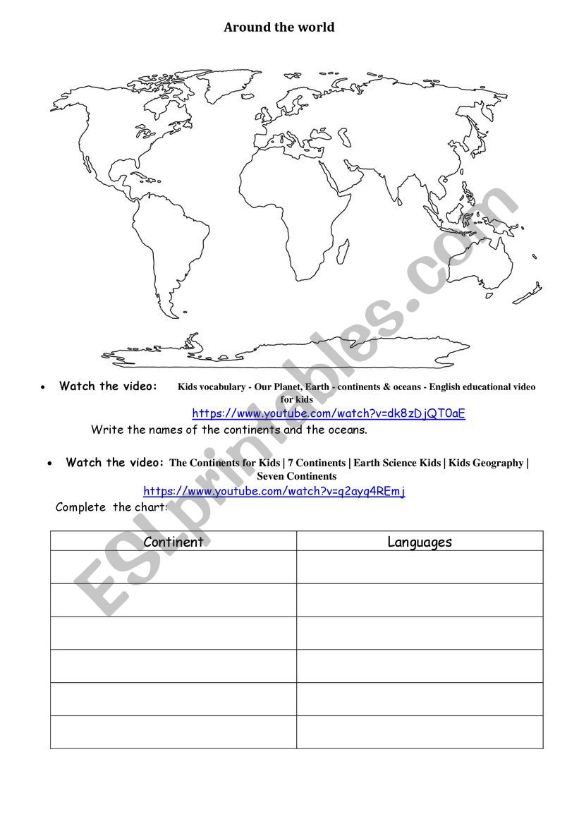 CONTINENTS, OCEAN, LANGUAGES worksheet