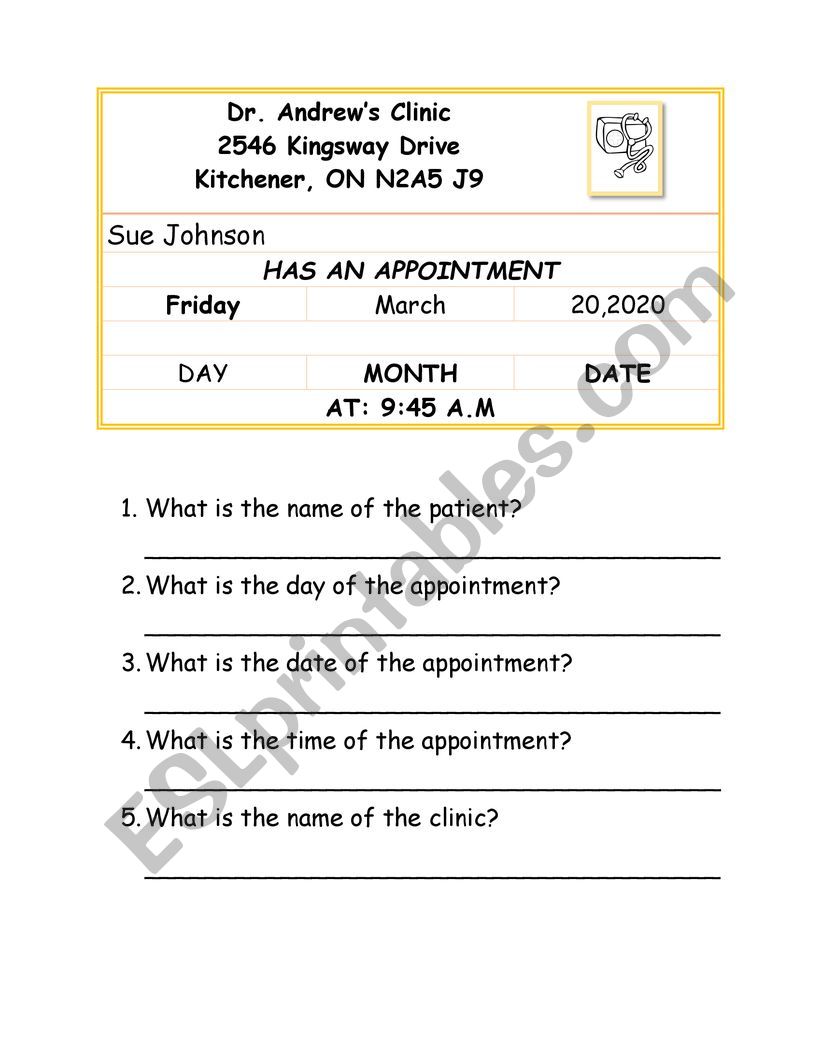 Doctor�s Appointment Card worksheet