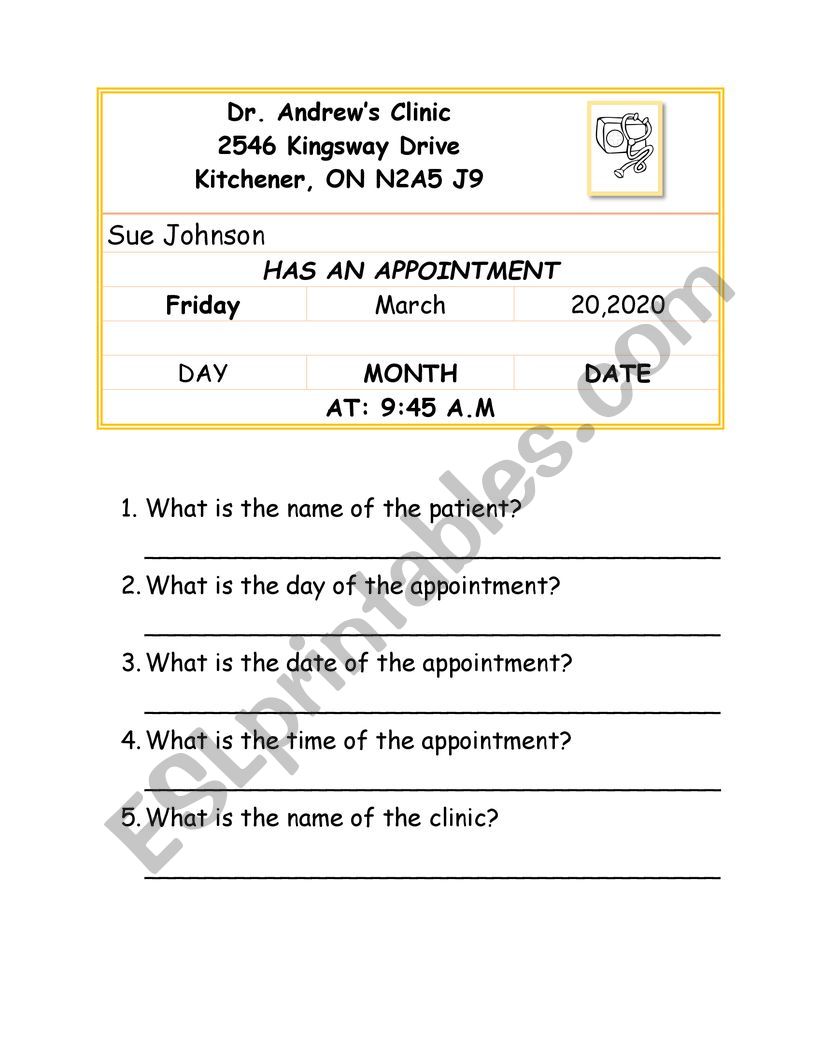 Doctor�s Appointment Card worksheet