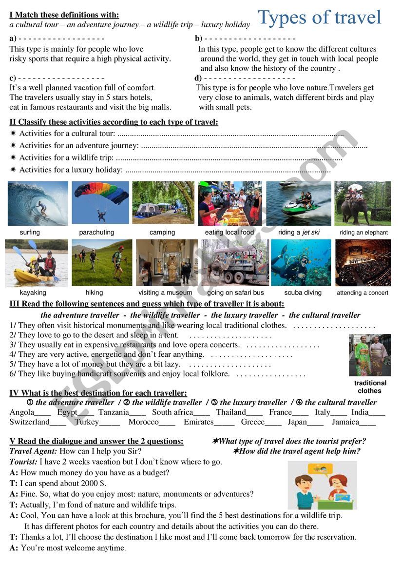 Types of travel worksheet