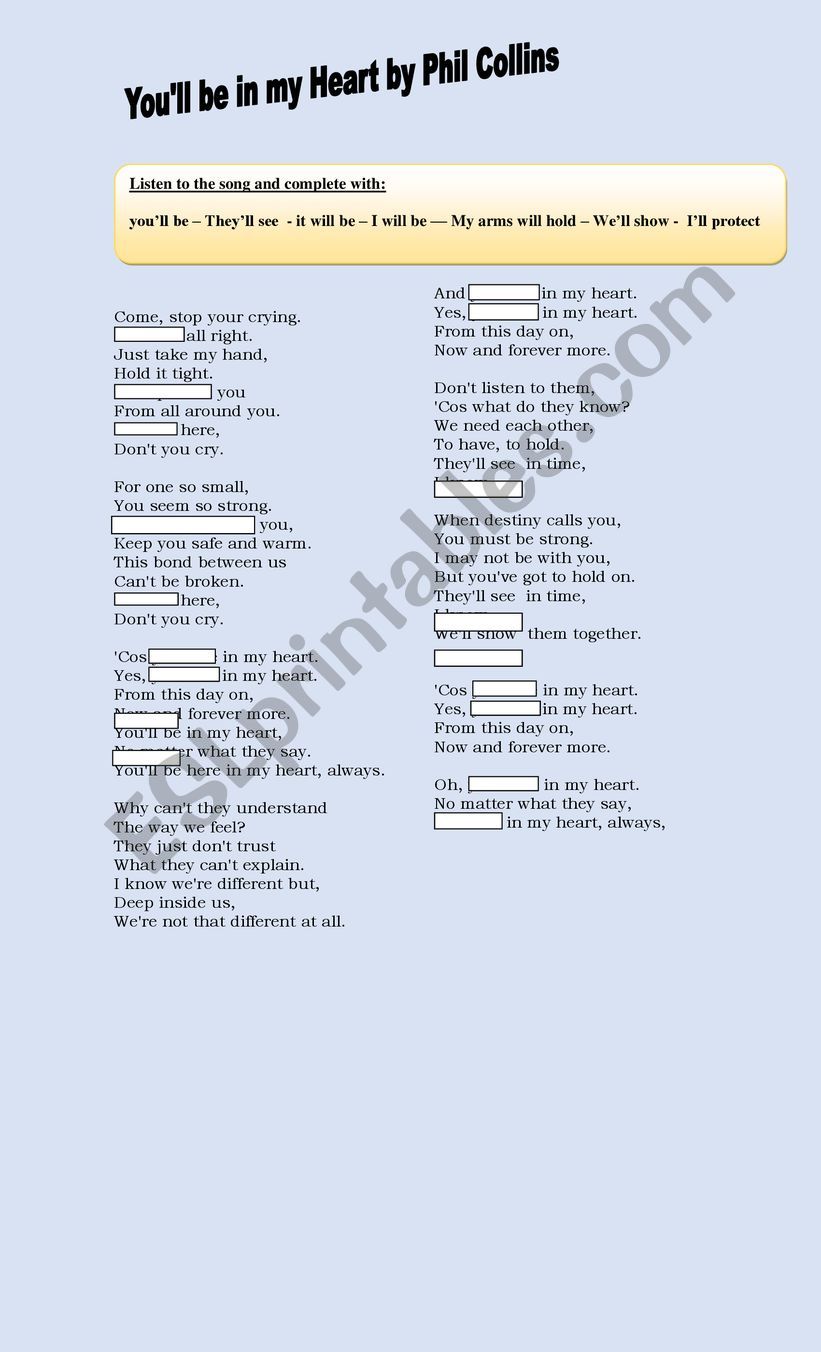 you� ll be in my heart worksheet