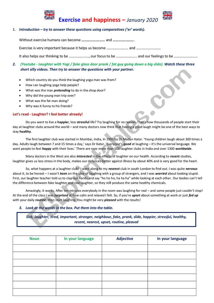 Exercise and Happiness worksheet