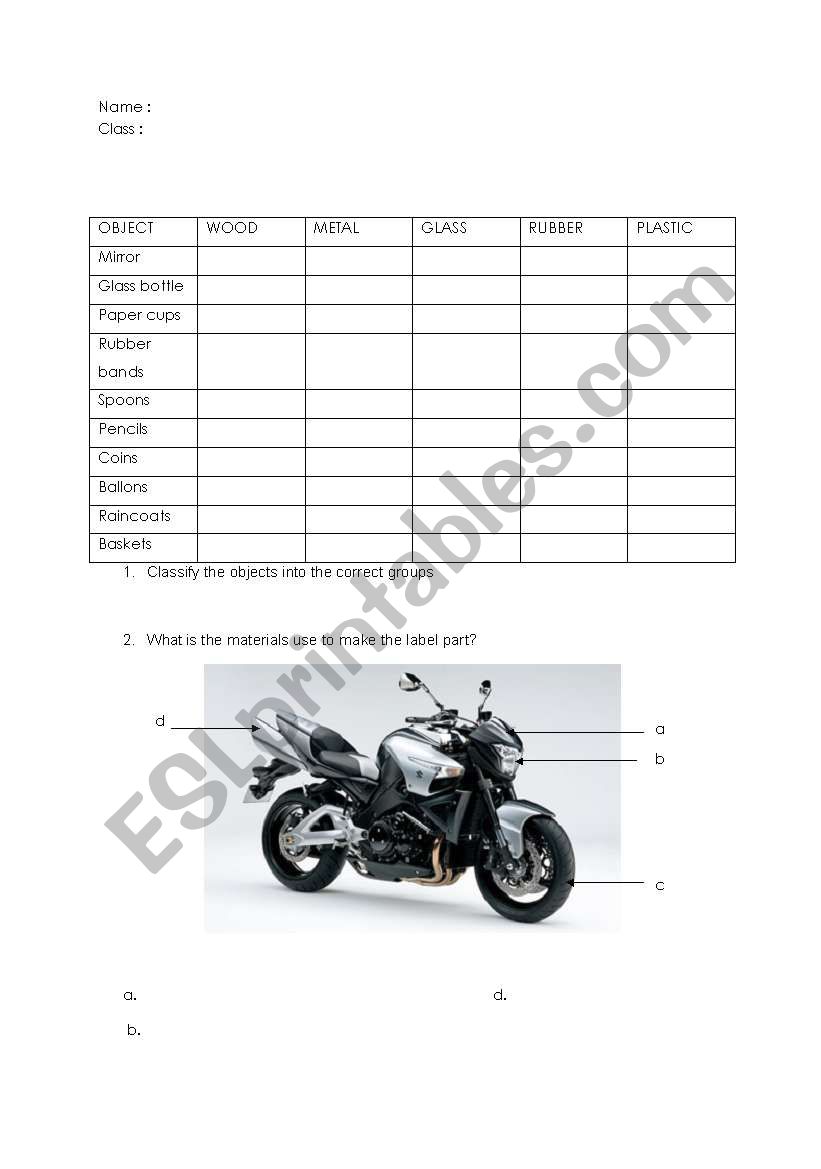 Properties of Materials worksheet