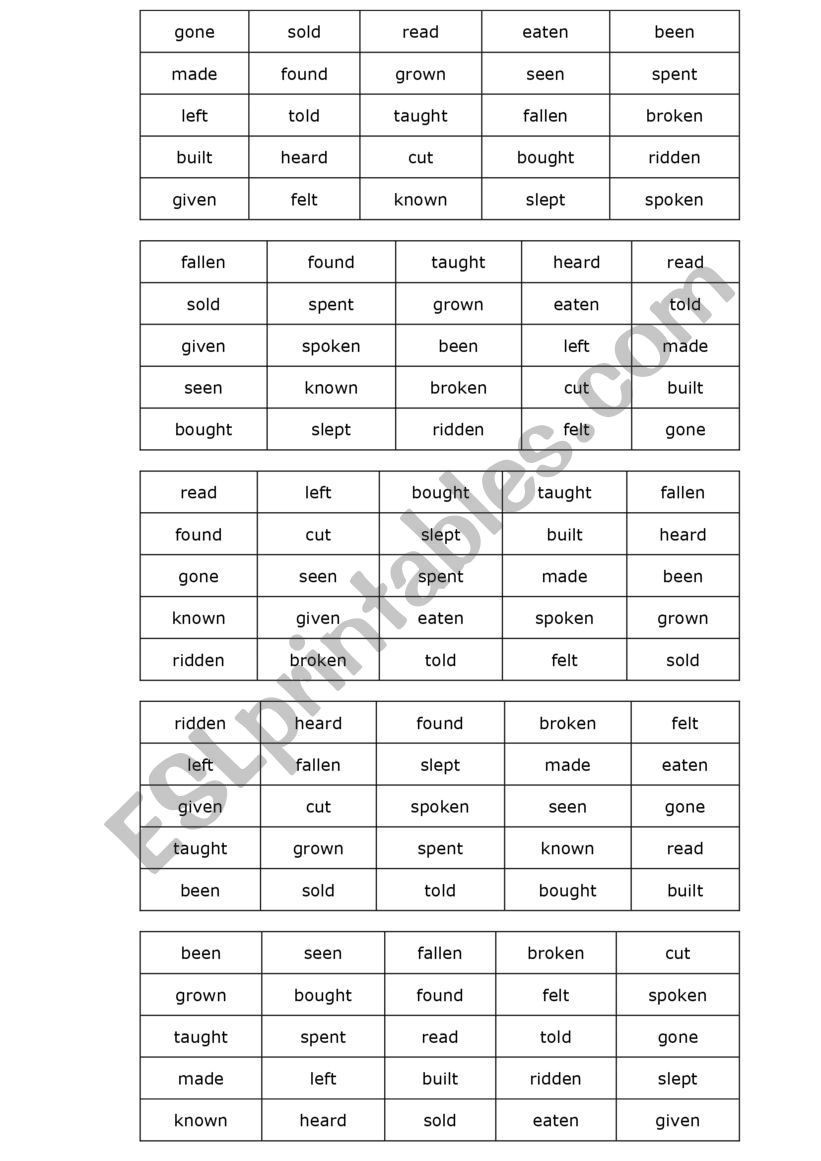 Irregular Verbs Bingo worksheet