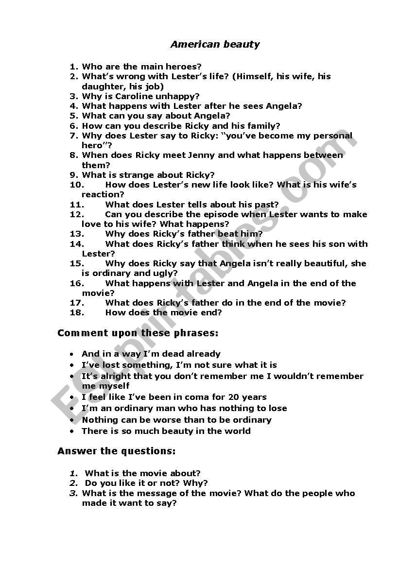 american beauty worksheet