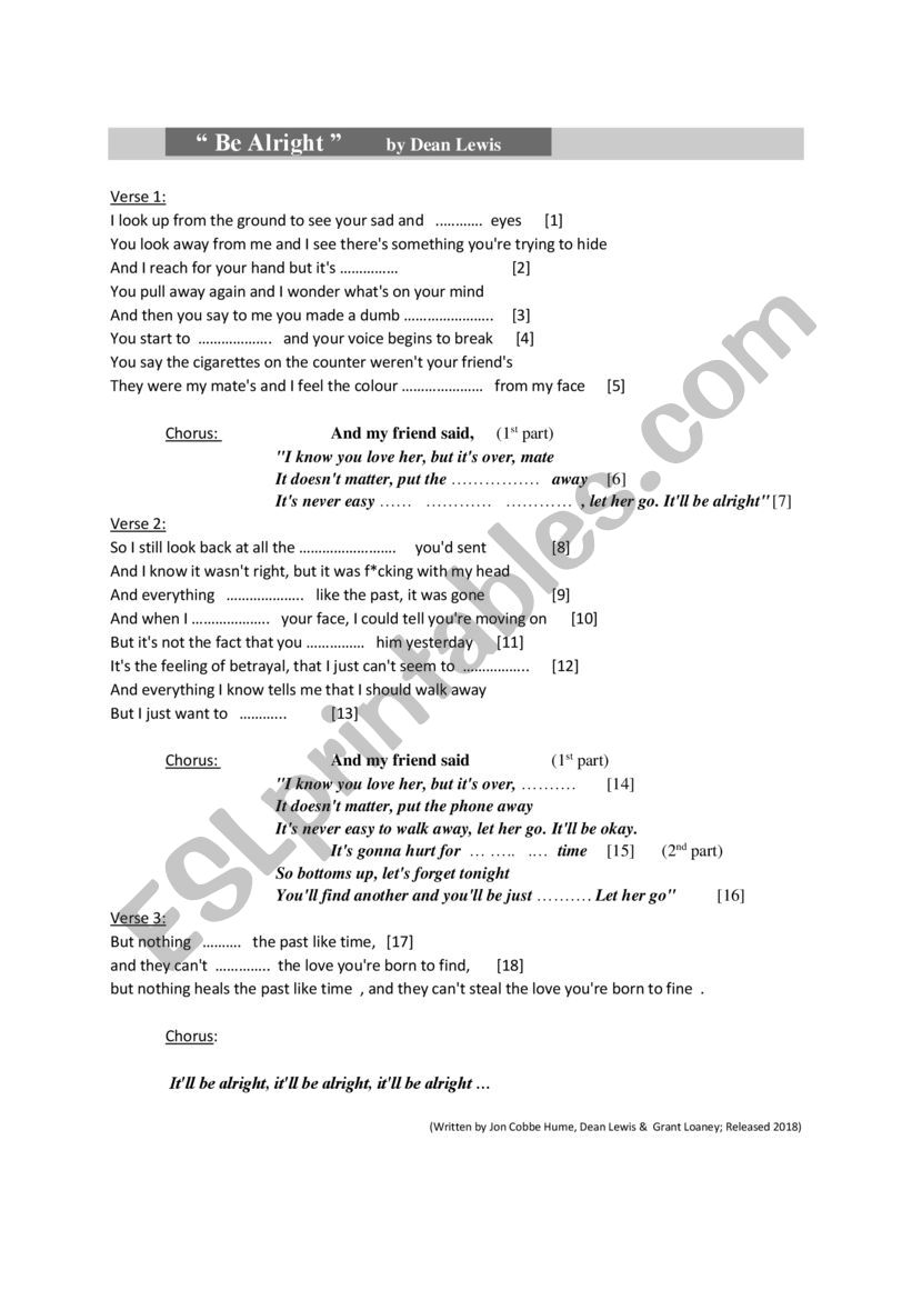 Be Alright by Dean Lewis  worksheet