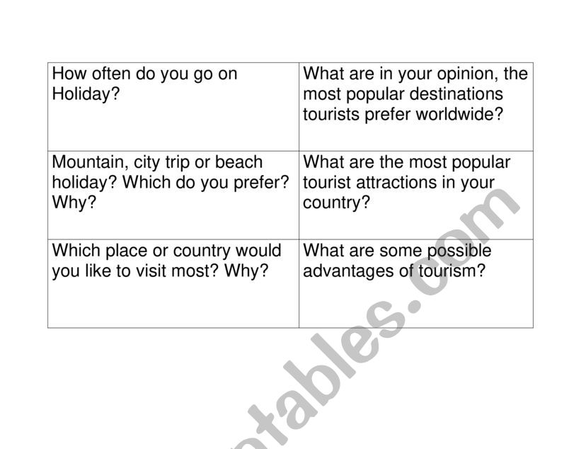 Question Cards- Tourism worksheet