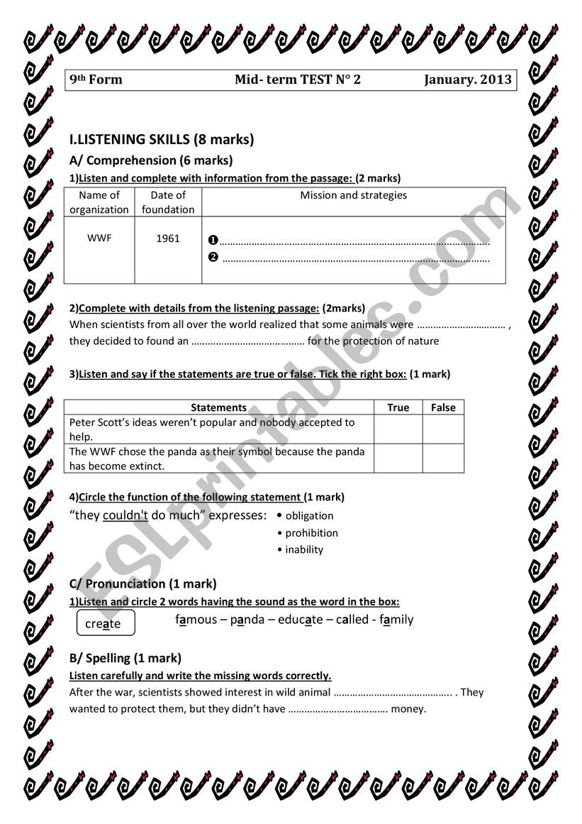 Mid term Test 2  9th Form worksheet