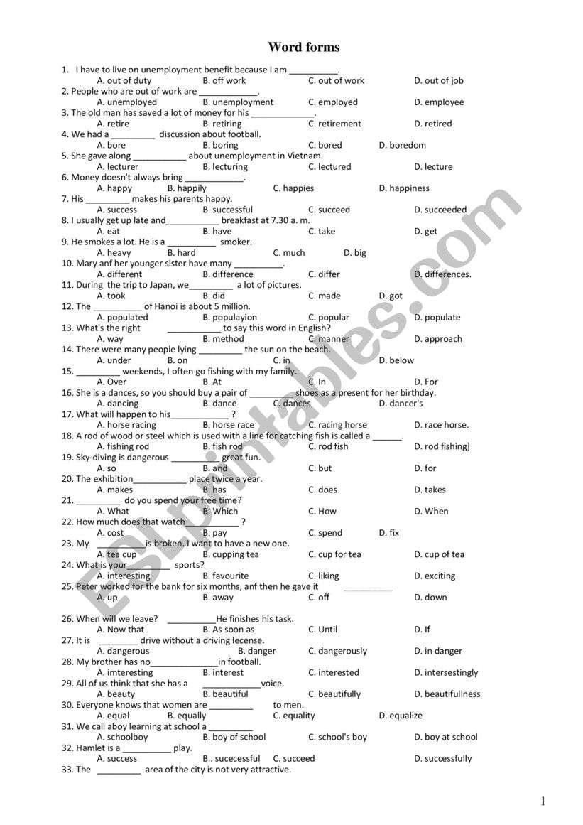 Word forms 2 worksheet