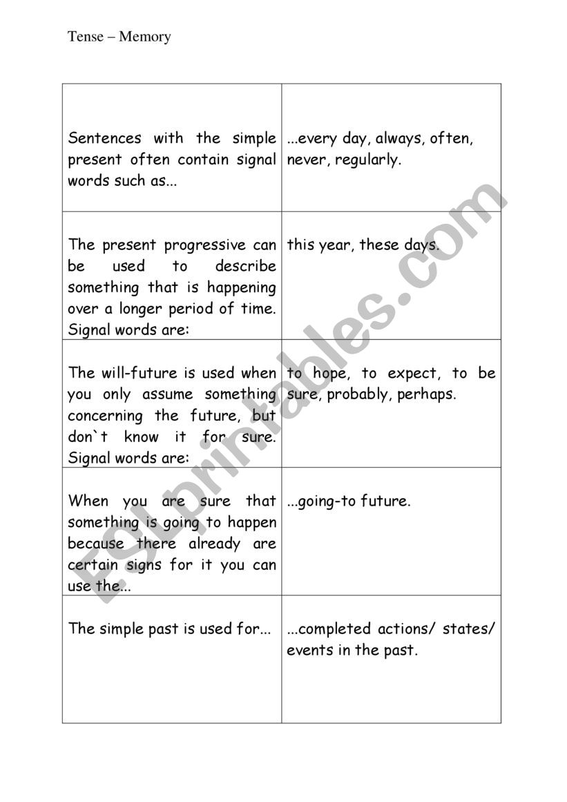 Tenses Memory worksheet